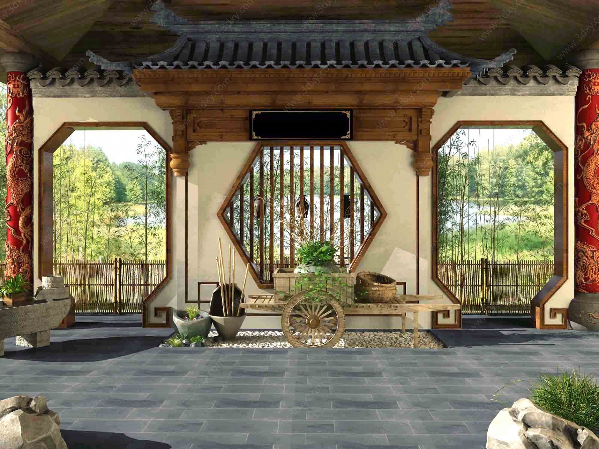 新中式古建筑屋檐农家乐3D模型