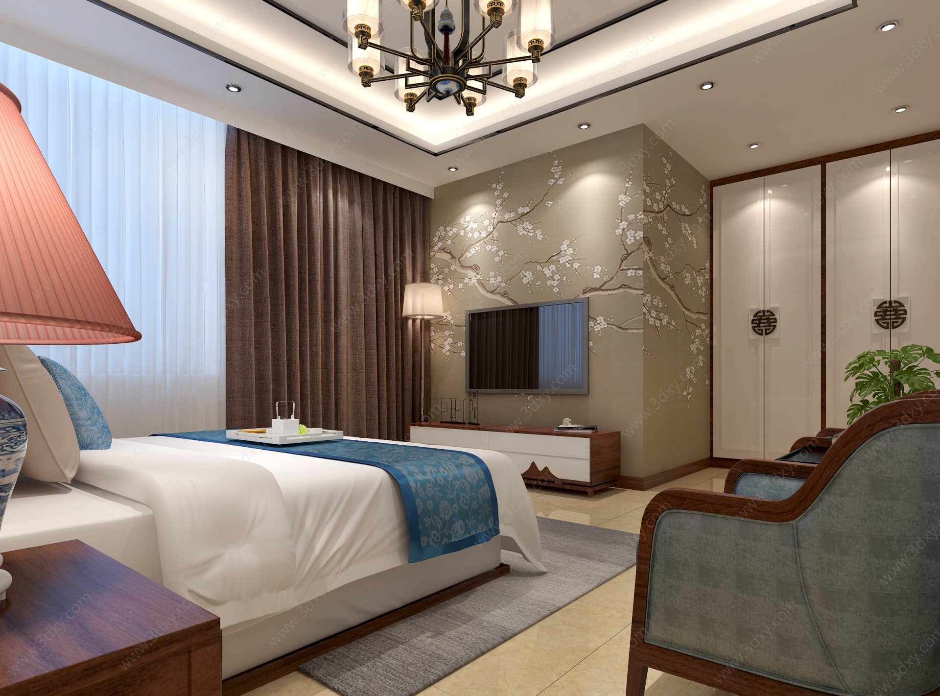 新中式休息室卧室3D模型