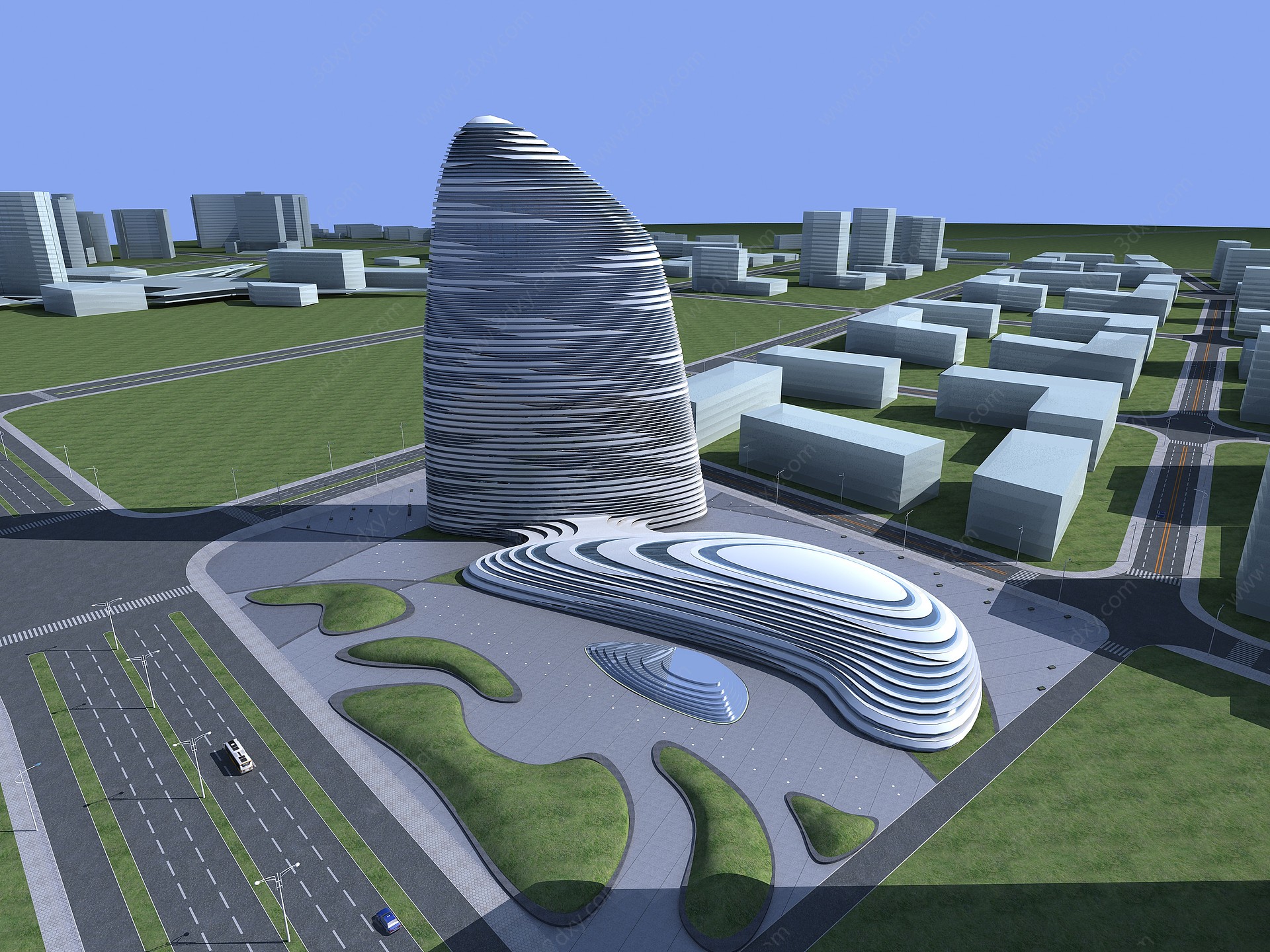 现代异形建筑鸟瞰景观3D模型