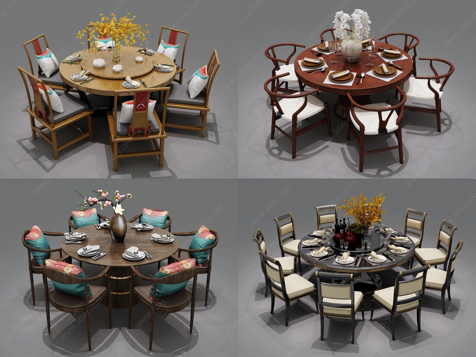 中式圆形餐桌椅组合3D模型
