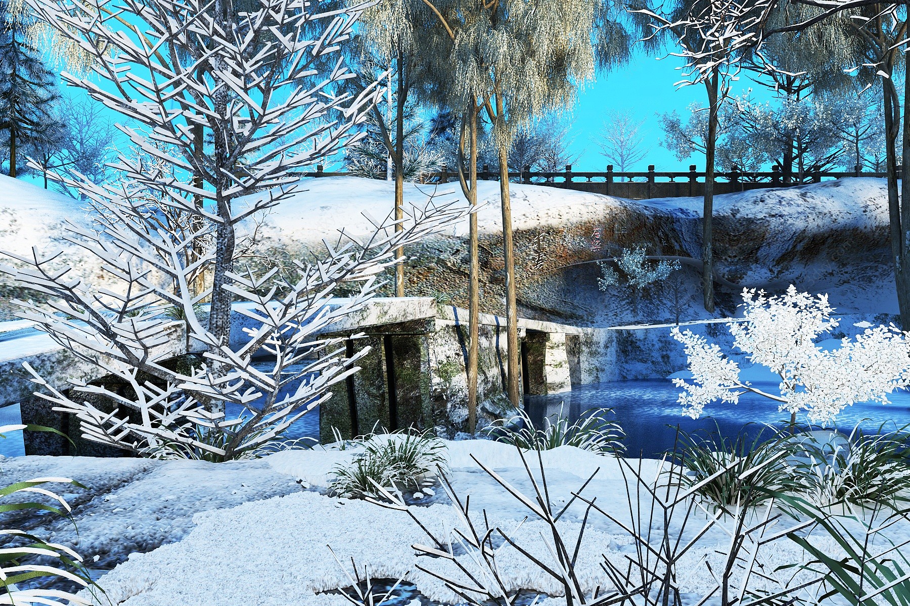 现代雪景农村下雪3D模型