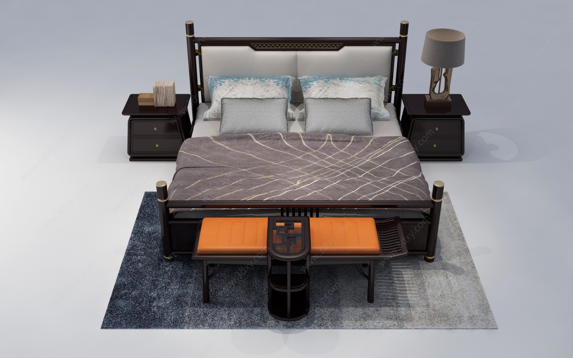 新中式别墅户型双人床3D模型