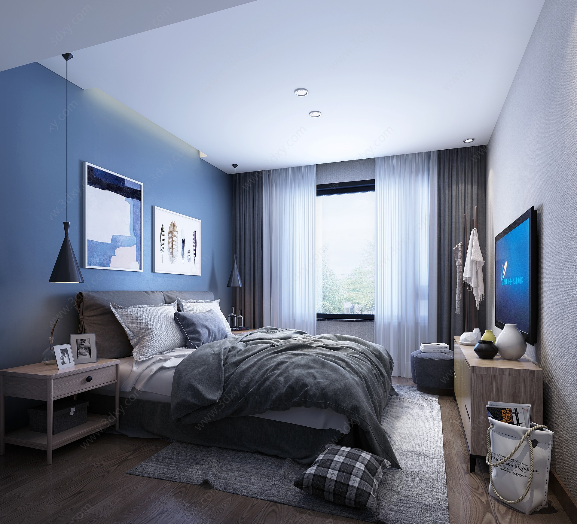 北欧轻奢双人床卧室3D模型