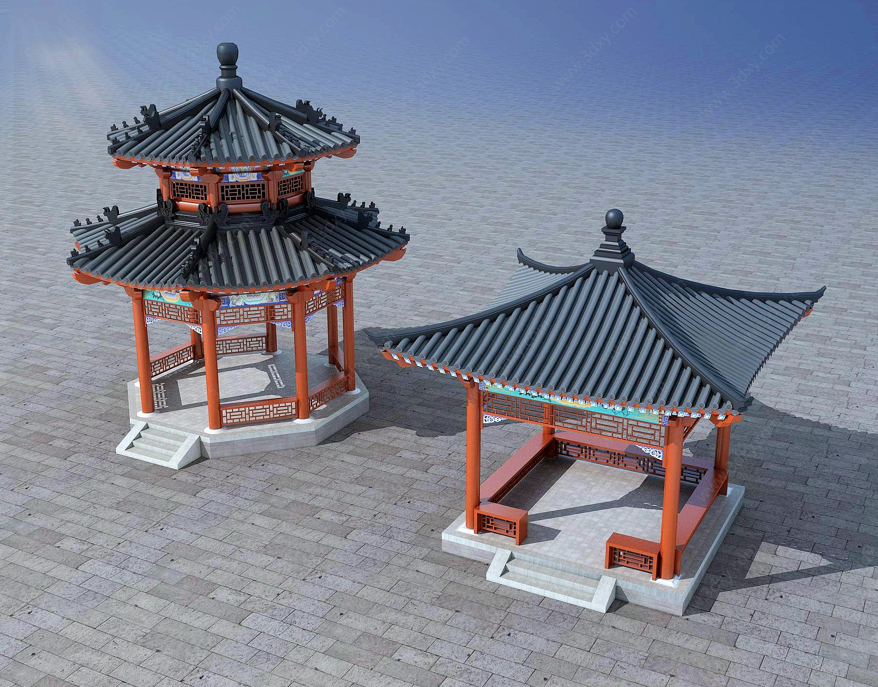 中式古建古典八角凉亭3D模型