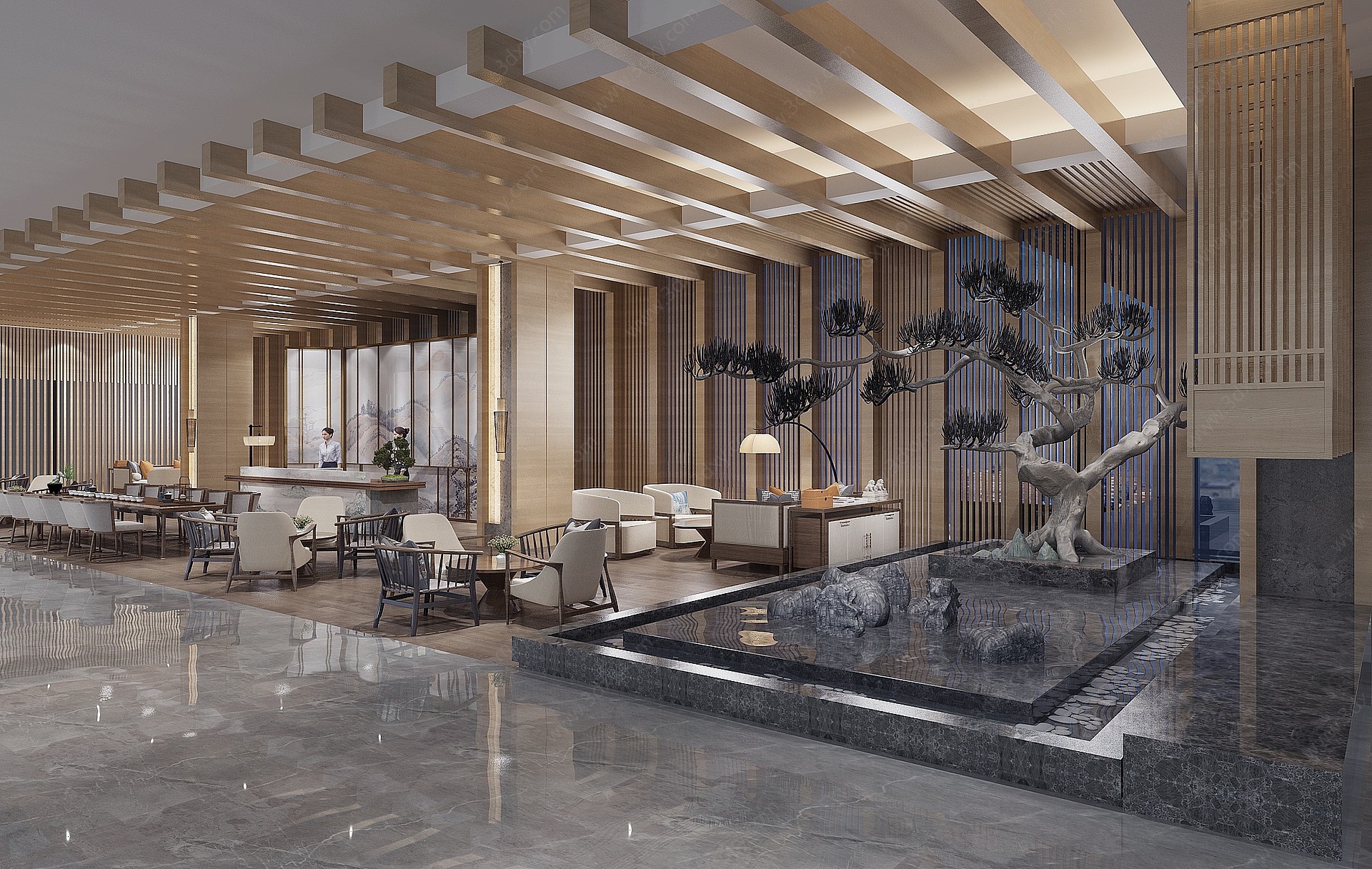 新中式酒店售楼处大堂3D模型