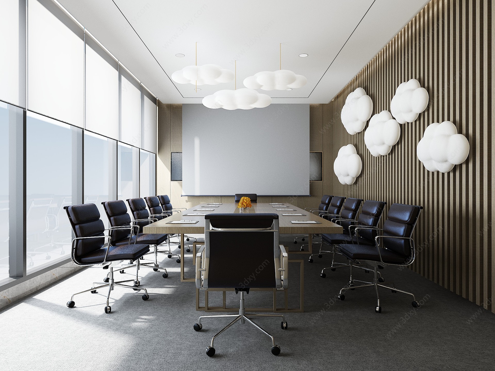 现代中式会议室会议桌椅3D模型