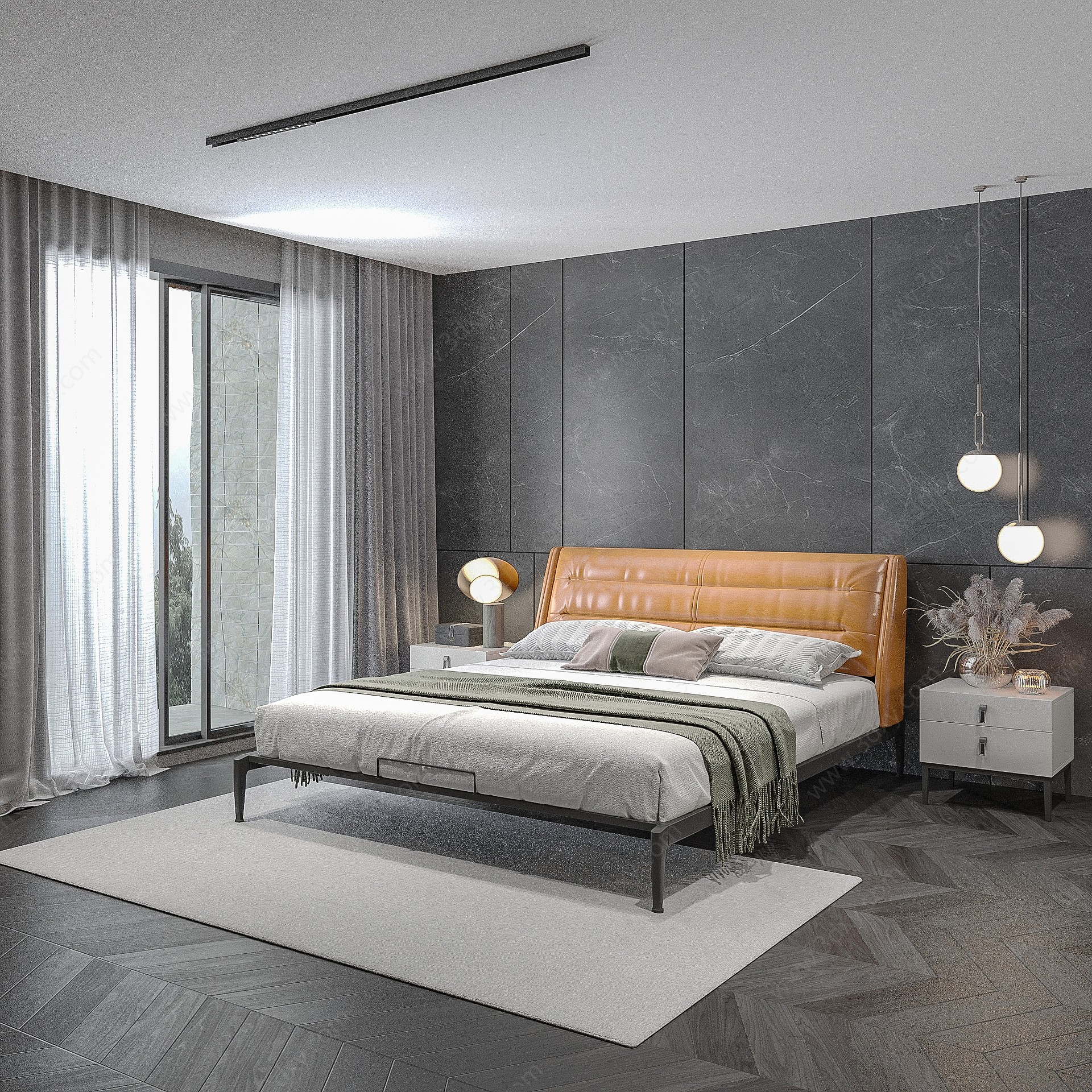 现代双人床卧室房间3D模型