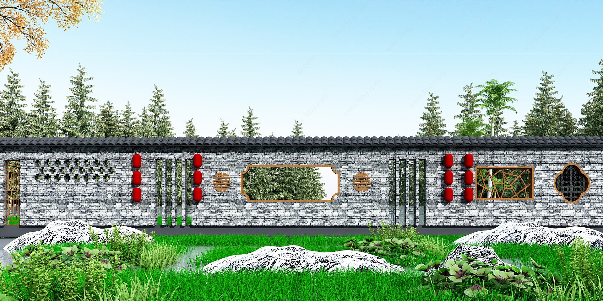 新中式景墙围墙3D模型