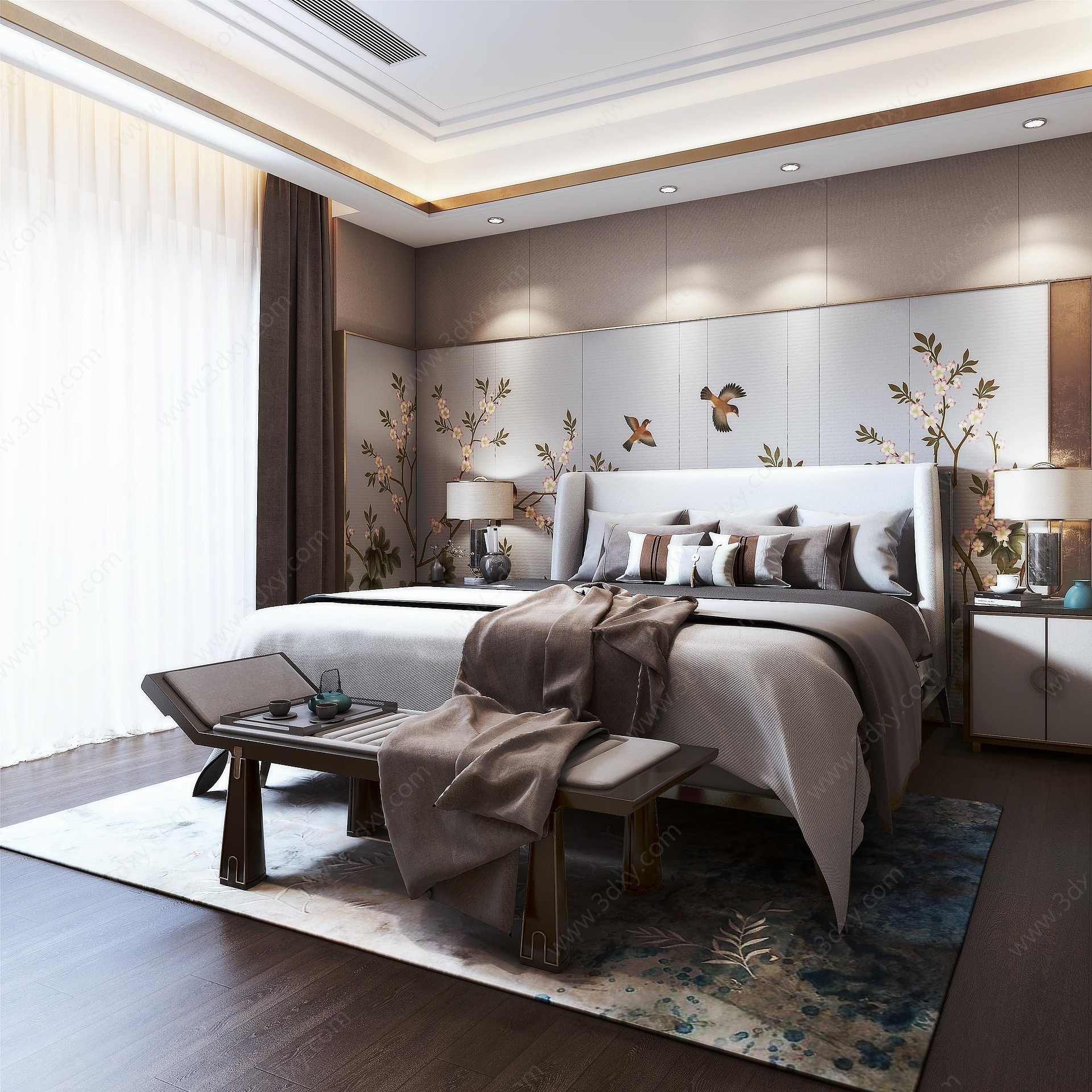 新中式卧室双人床3D模型