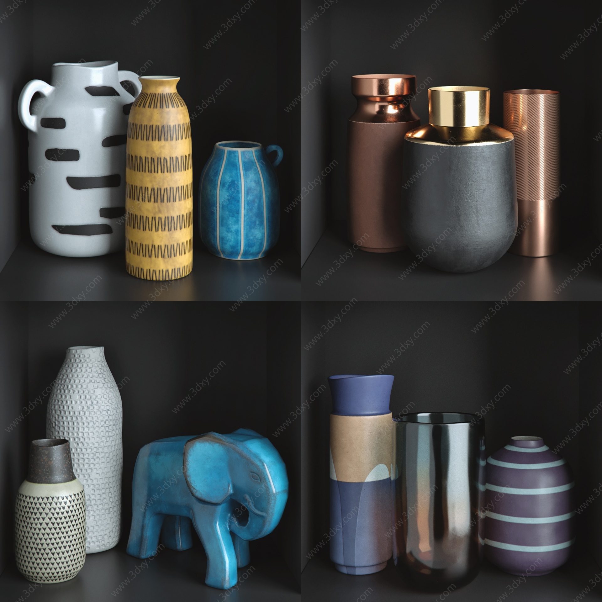 新古典花瓶装饰品瓷器组合3D模型