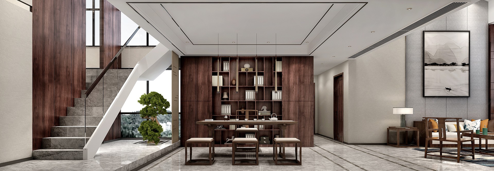 新中式客厅沙发书房3D模型