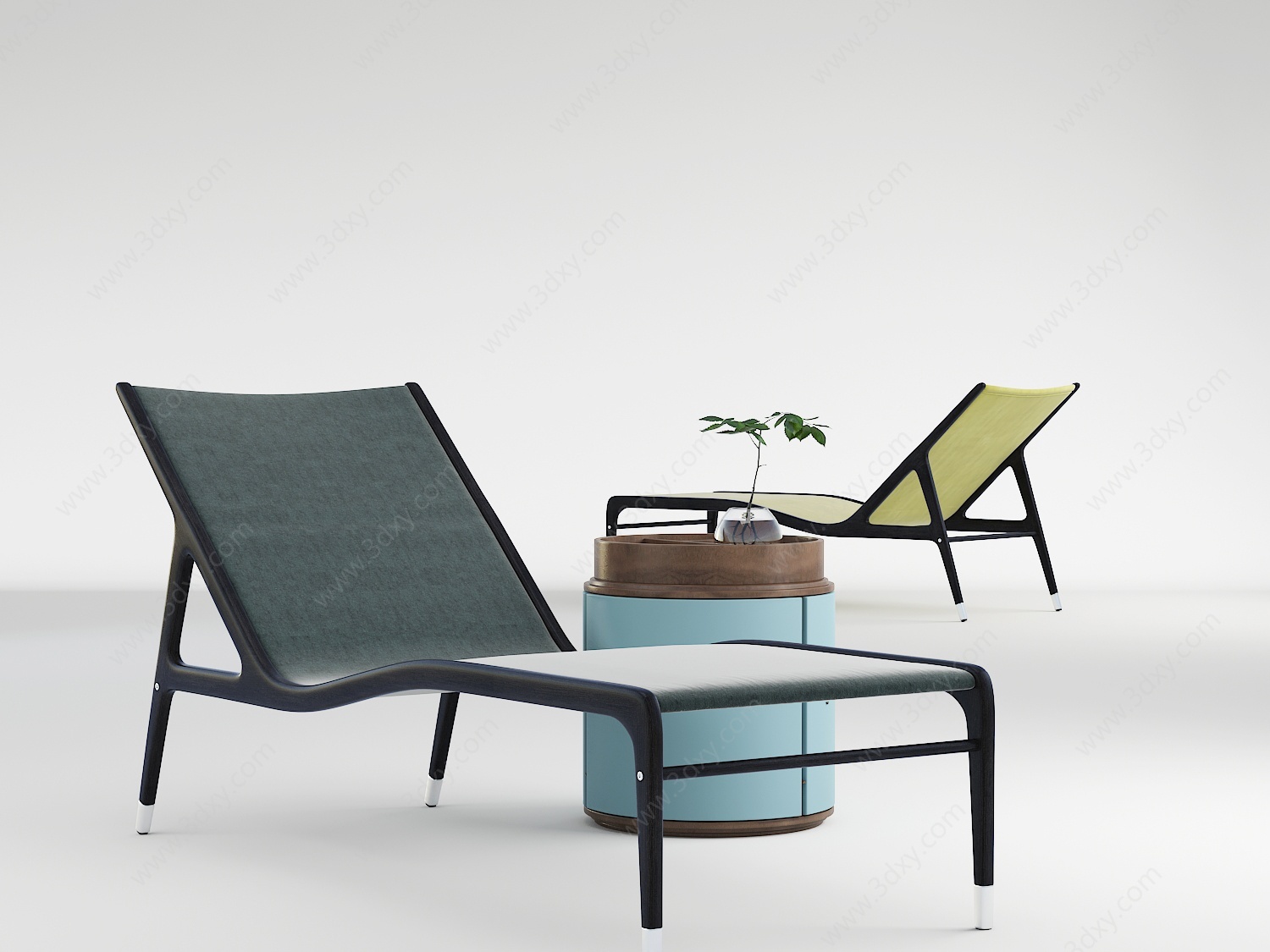 现代躺椅圆几茶几绿植3D模型