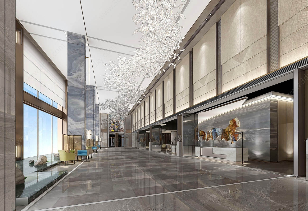 新中式酒店办公大堂3D模型