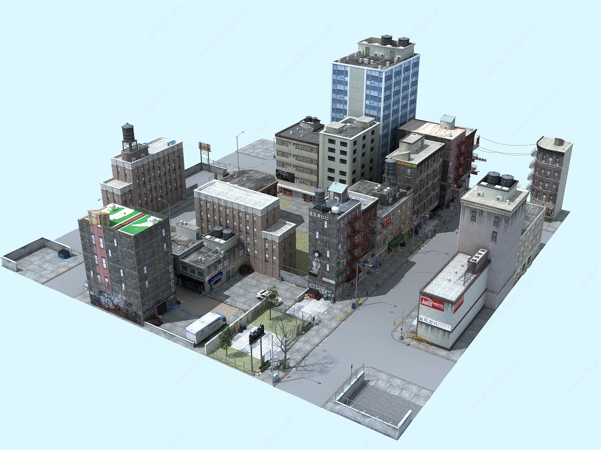 中式城市香港街道建筑房子3D模型