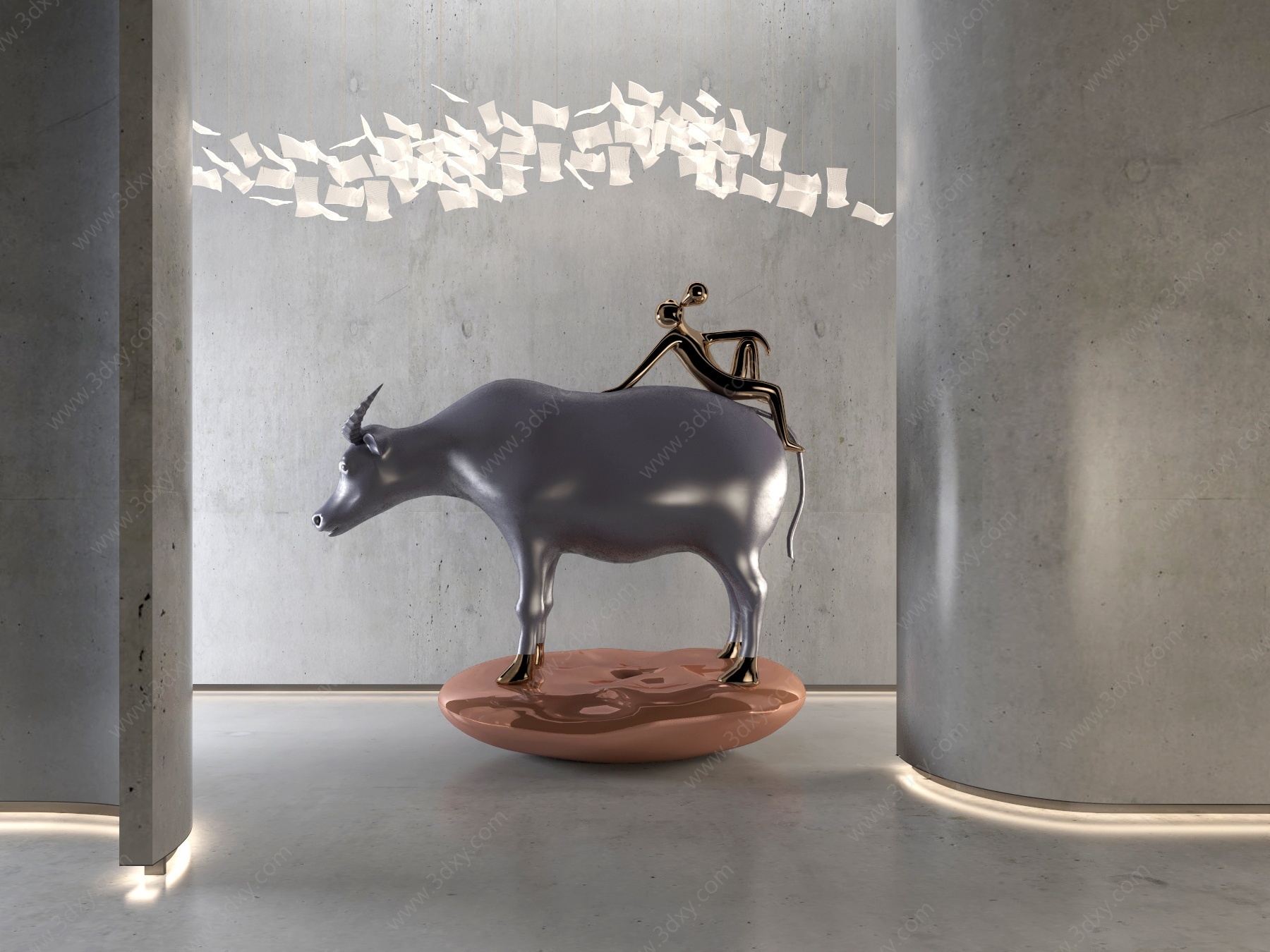 现代牛牧童雕塑3D模型