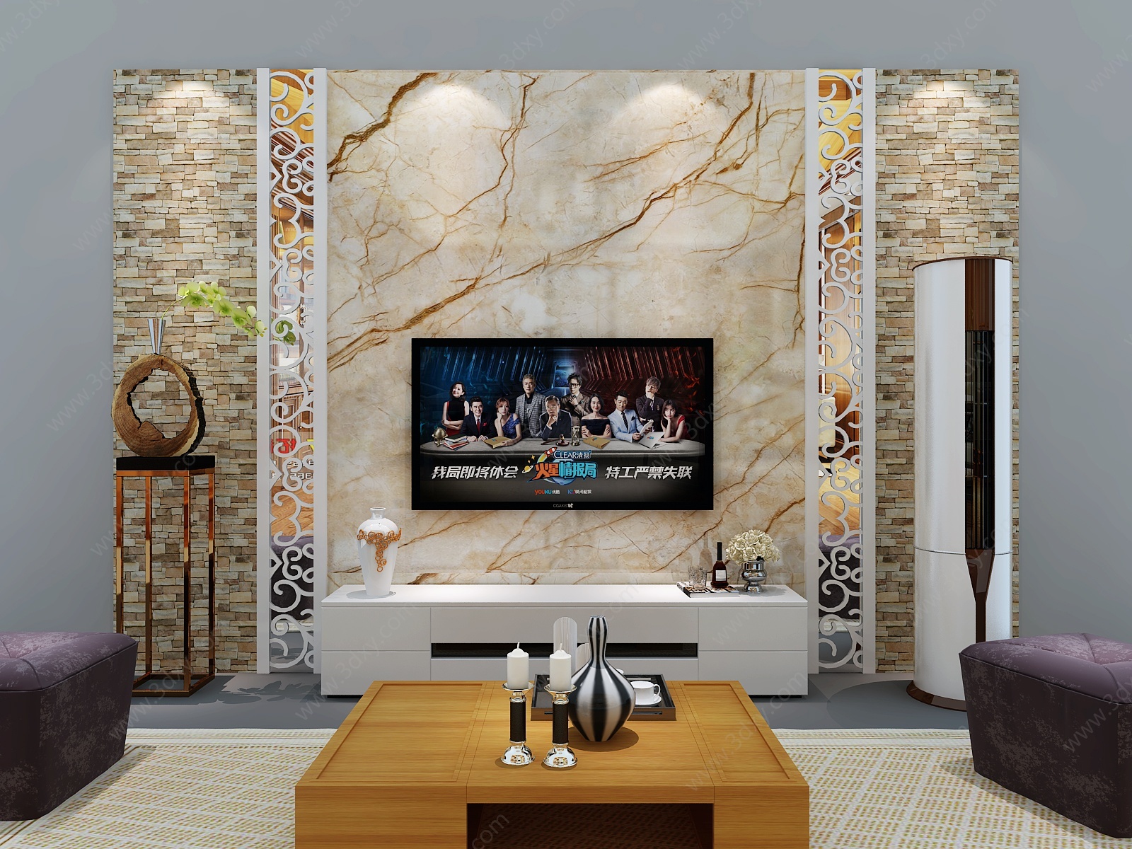 现代大理石文化石电视墙3D模型