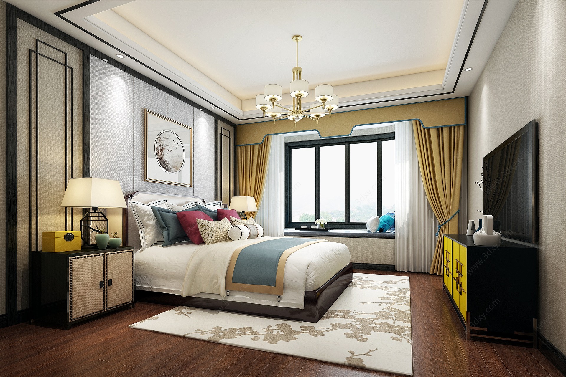 新中式卧室主人房双人床3D模型