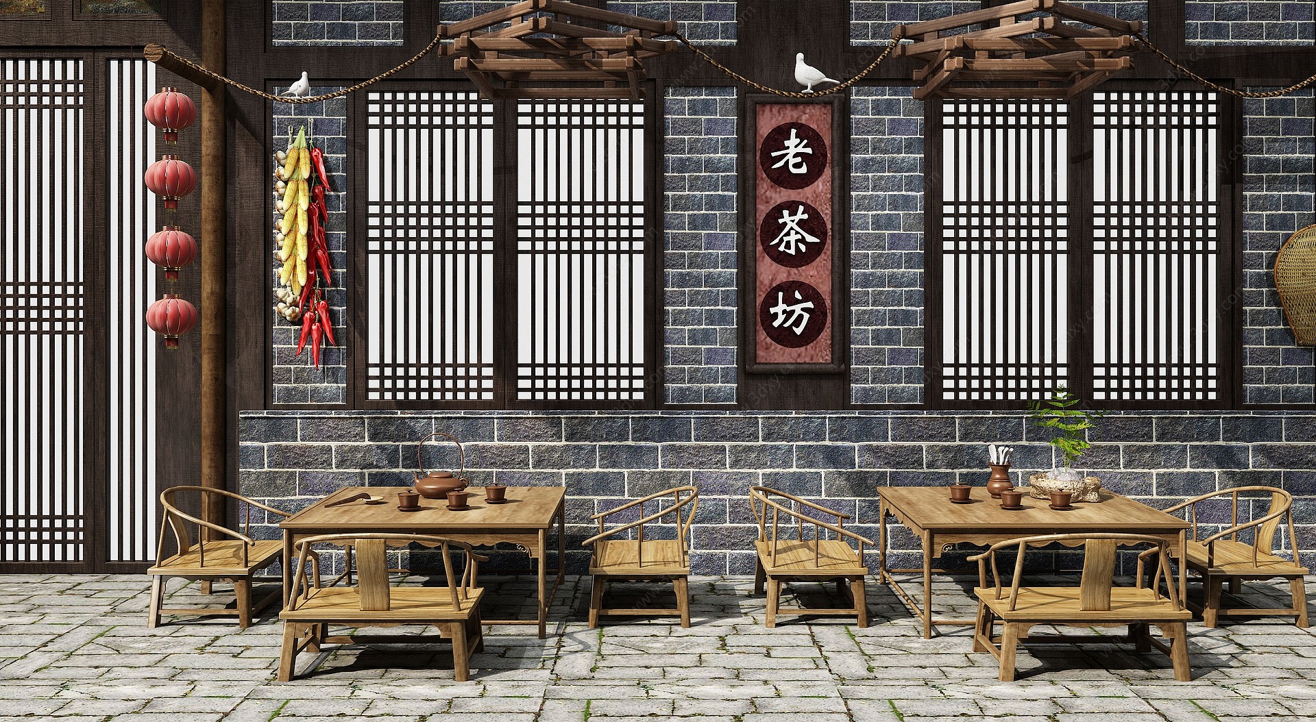 中式路边老茶馆用具3D模型