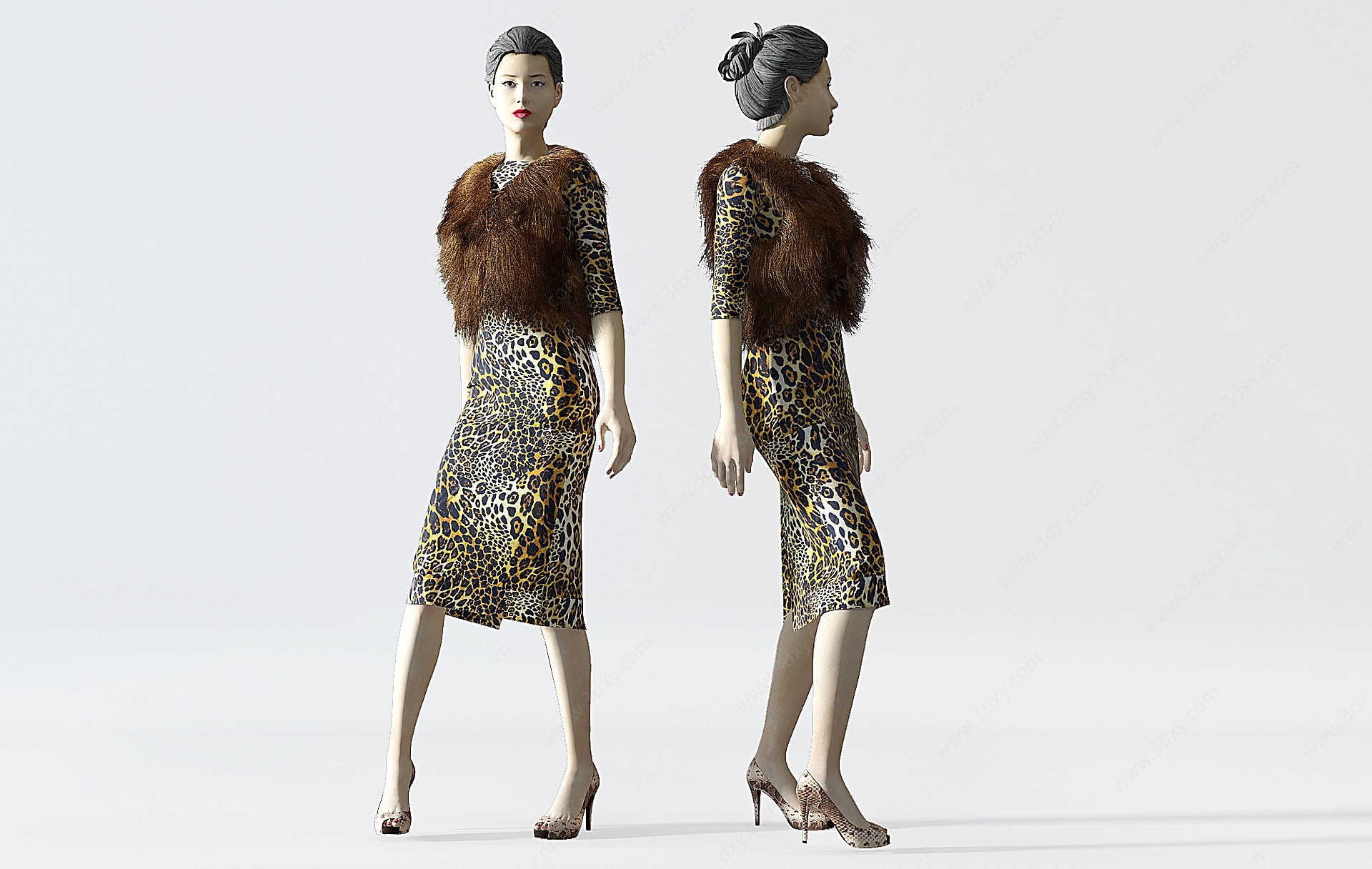 现代古典旗袍毛皮大衣女人3D模型