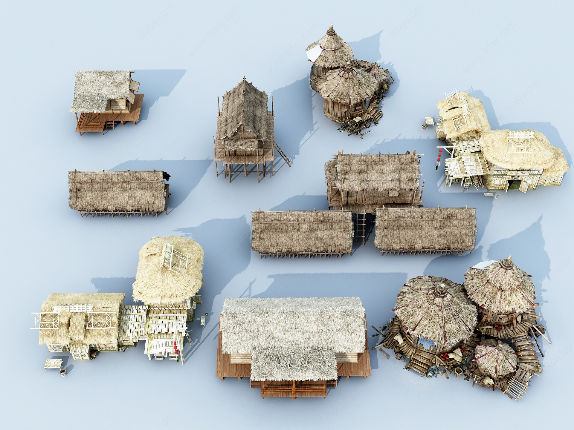 现代茅草屋组合3D模型