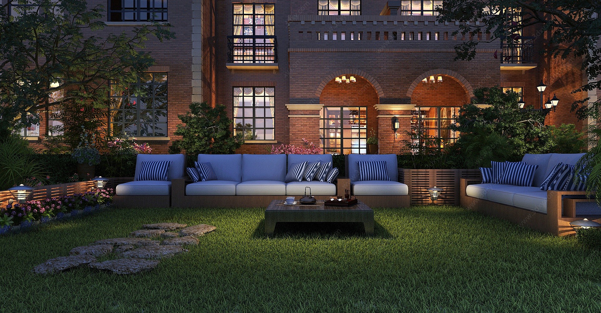 庭院院子夜景草地草坪3D模型