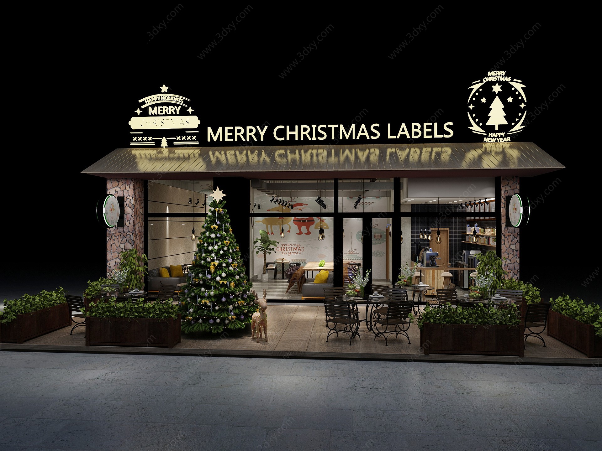 美式圣诞节奶茶店咖啡店3D模型