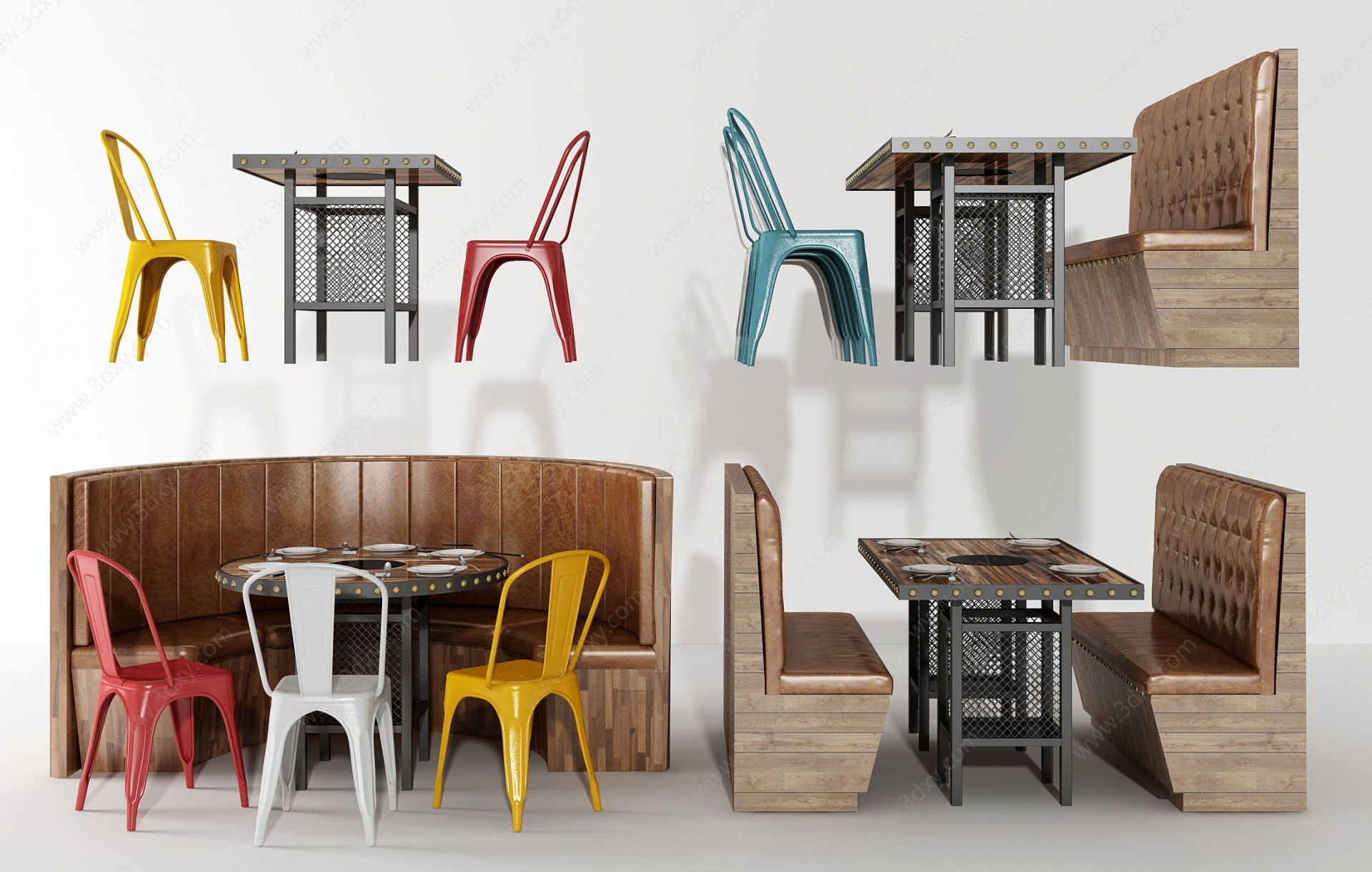 工业风餐厅座椅卡座组合3D模型