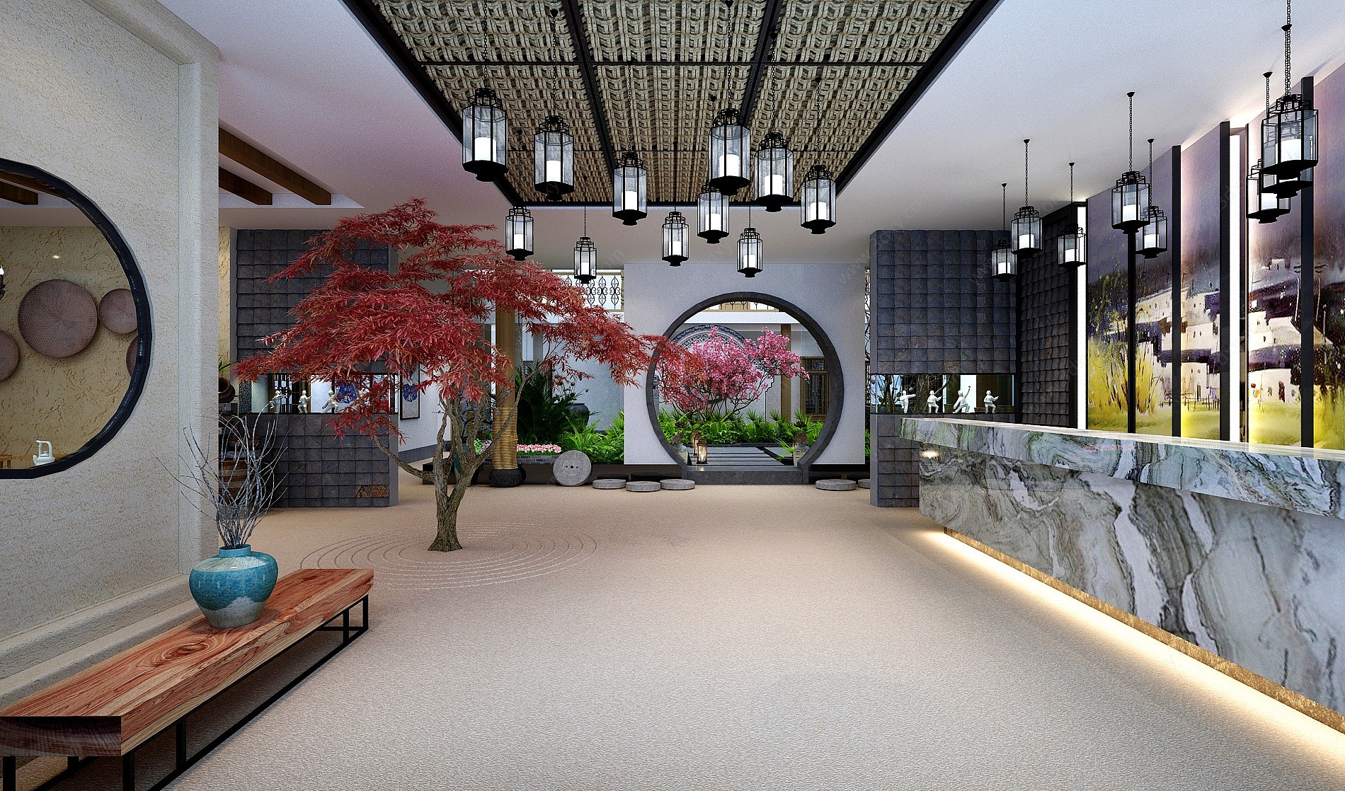 中式客栈园林小品酒店大厅3D模型
