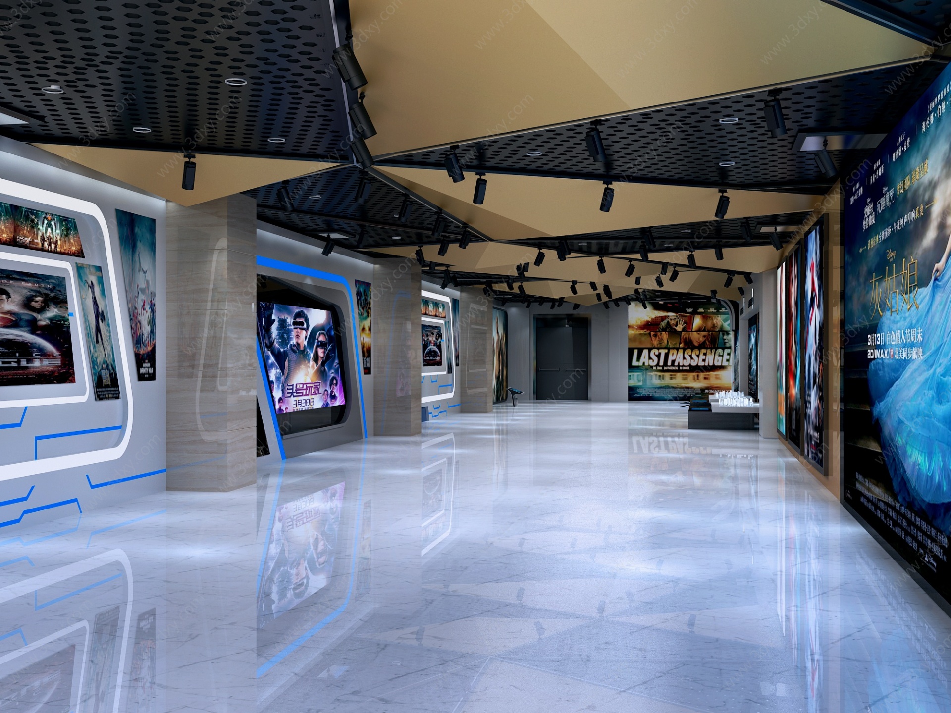 现代影院走廊过道影视展板3D模型