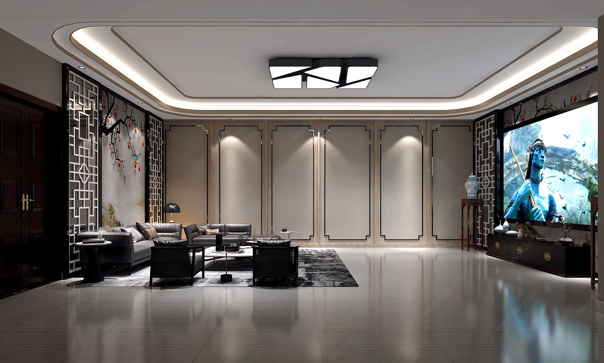 新中式客厅沙发电视柜3D模型