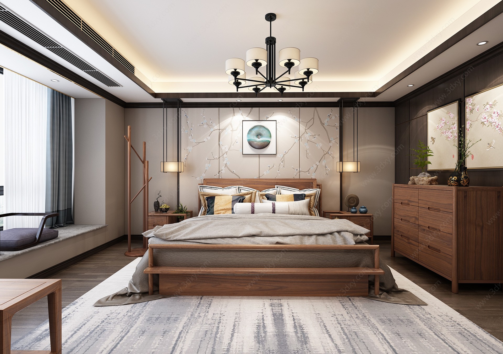 新中式卧室双人床床头柜3D模型