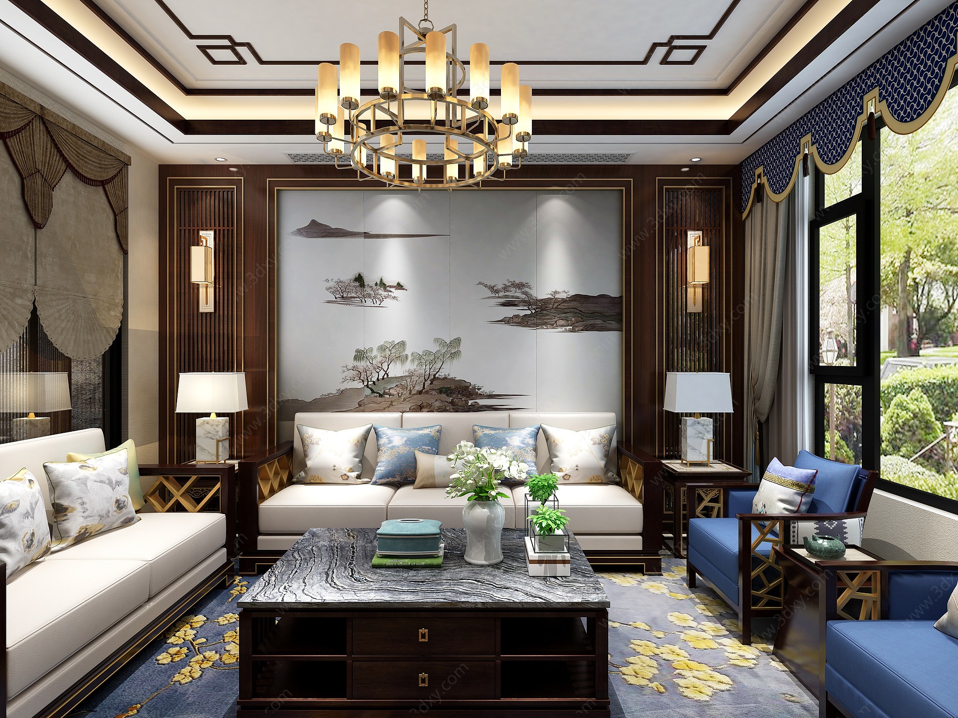 新中式客厅沙发背景墙3D模型