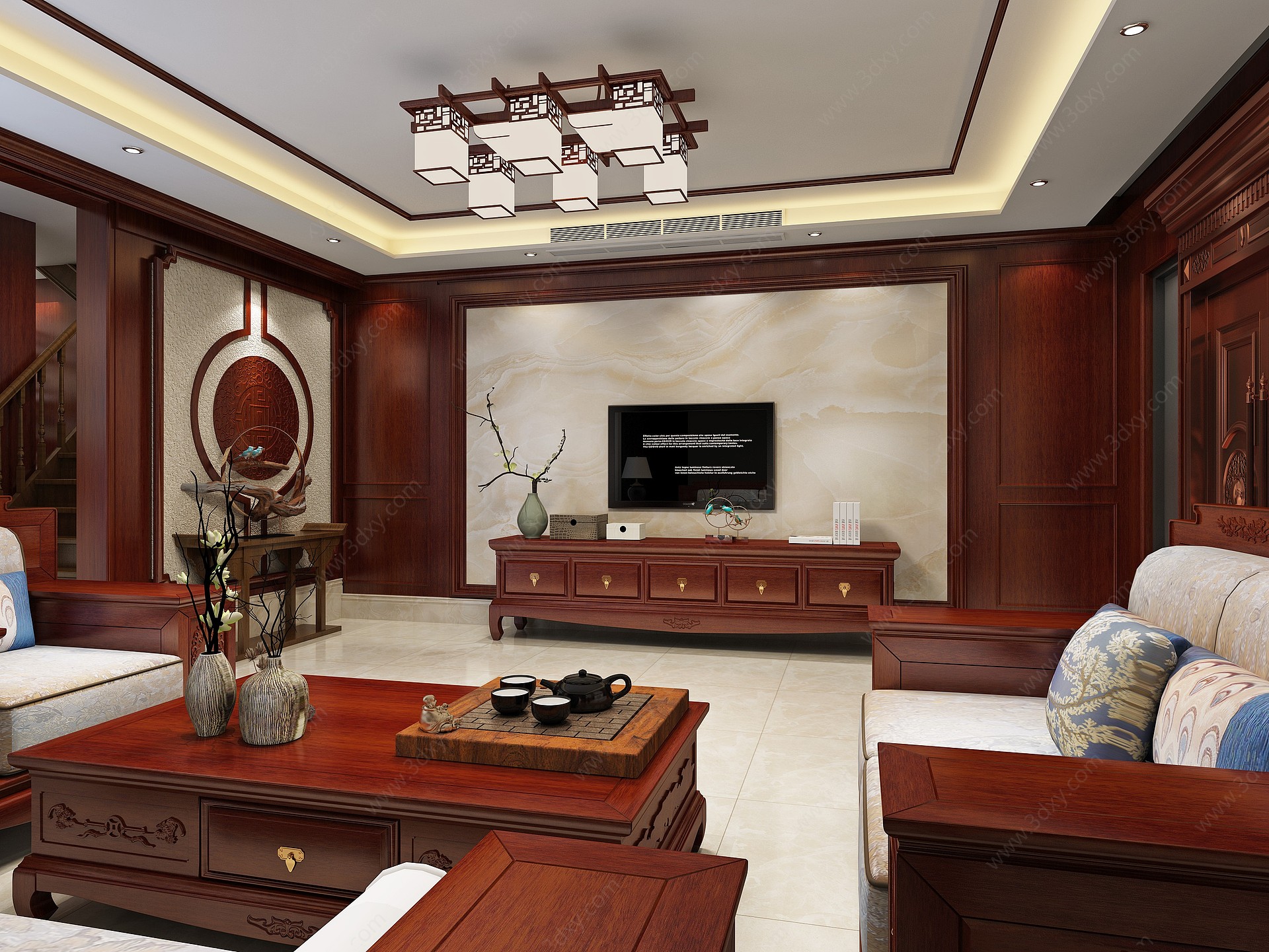 中式风格客厅形象墙3D模型