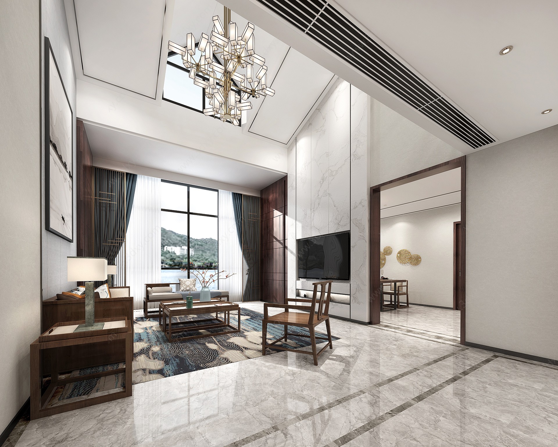 新中式别墅新中式客厅3D模型