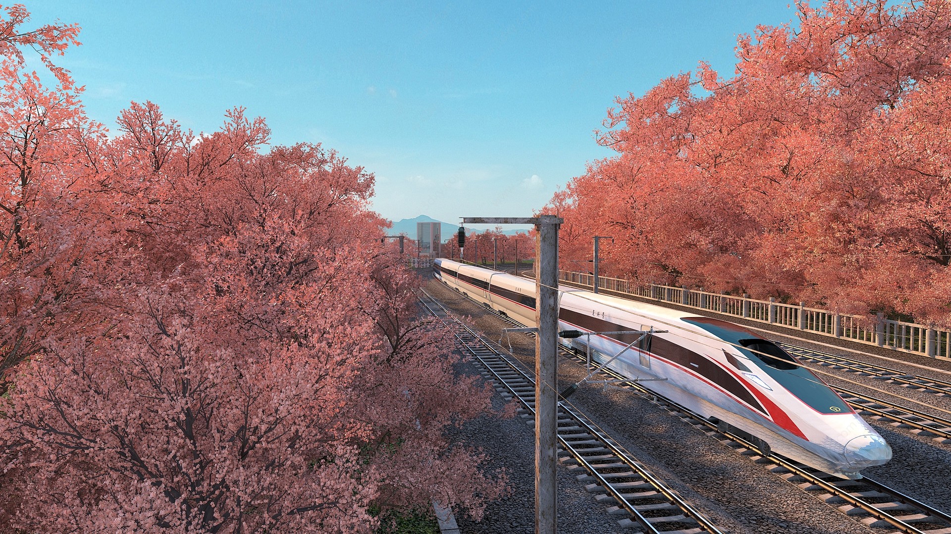 复兴号高铁穿越樱花林轨道3D模型
