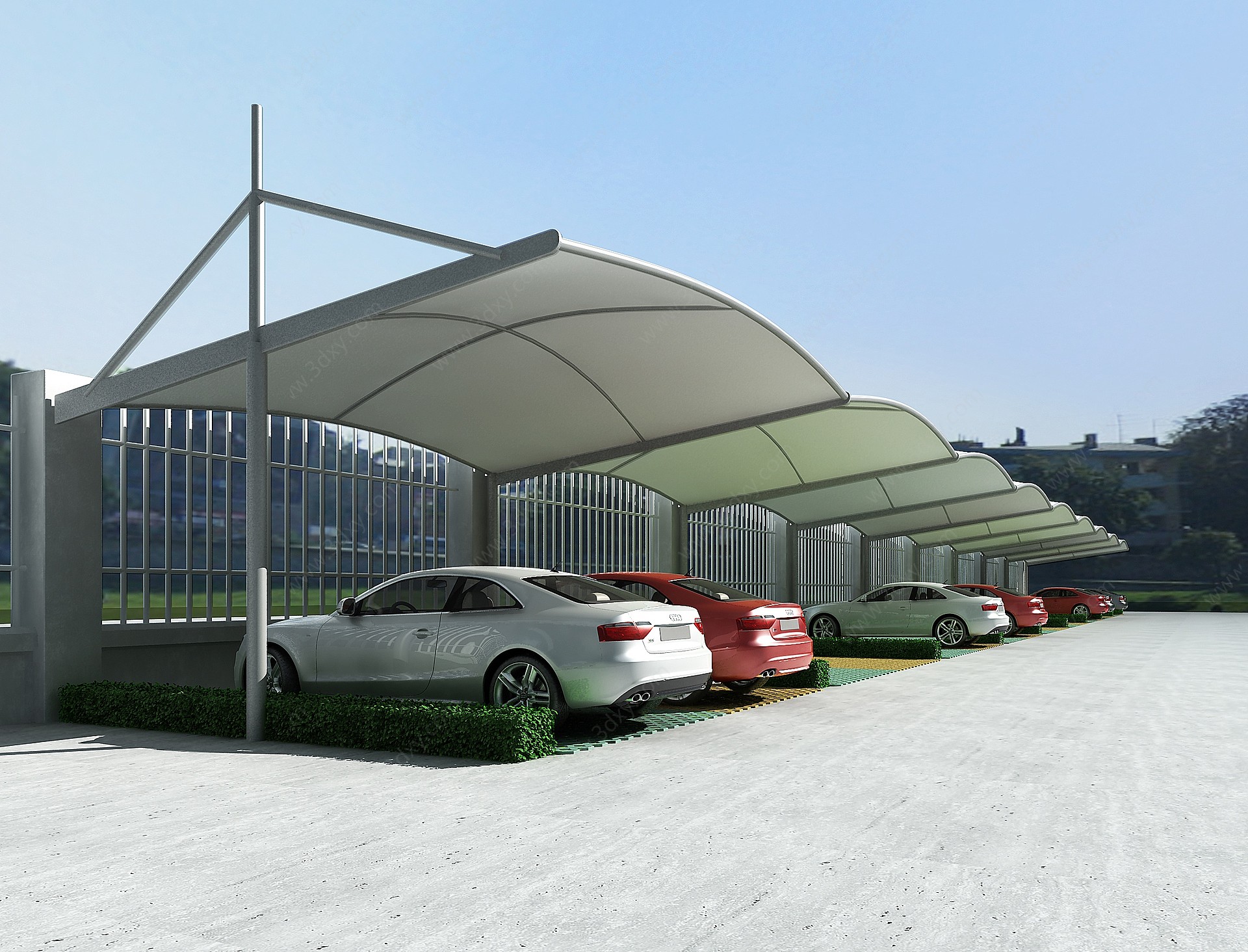 现代雨棚停车位绿化带地铺3D模型