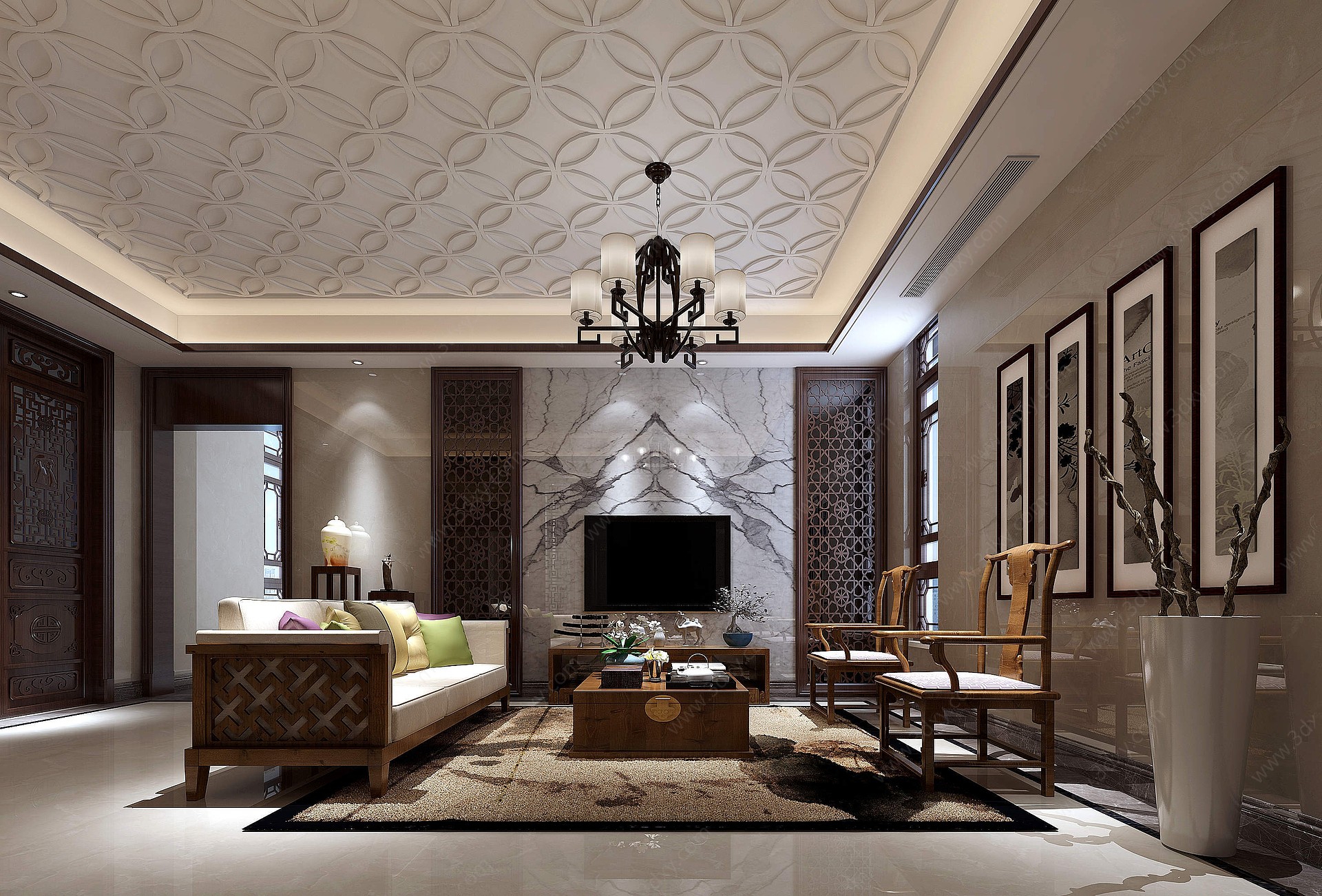 中式客厅沙发地毯装饰3D模型