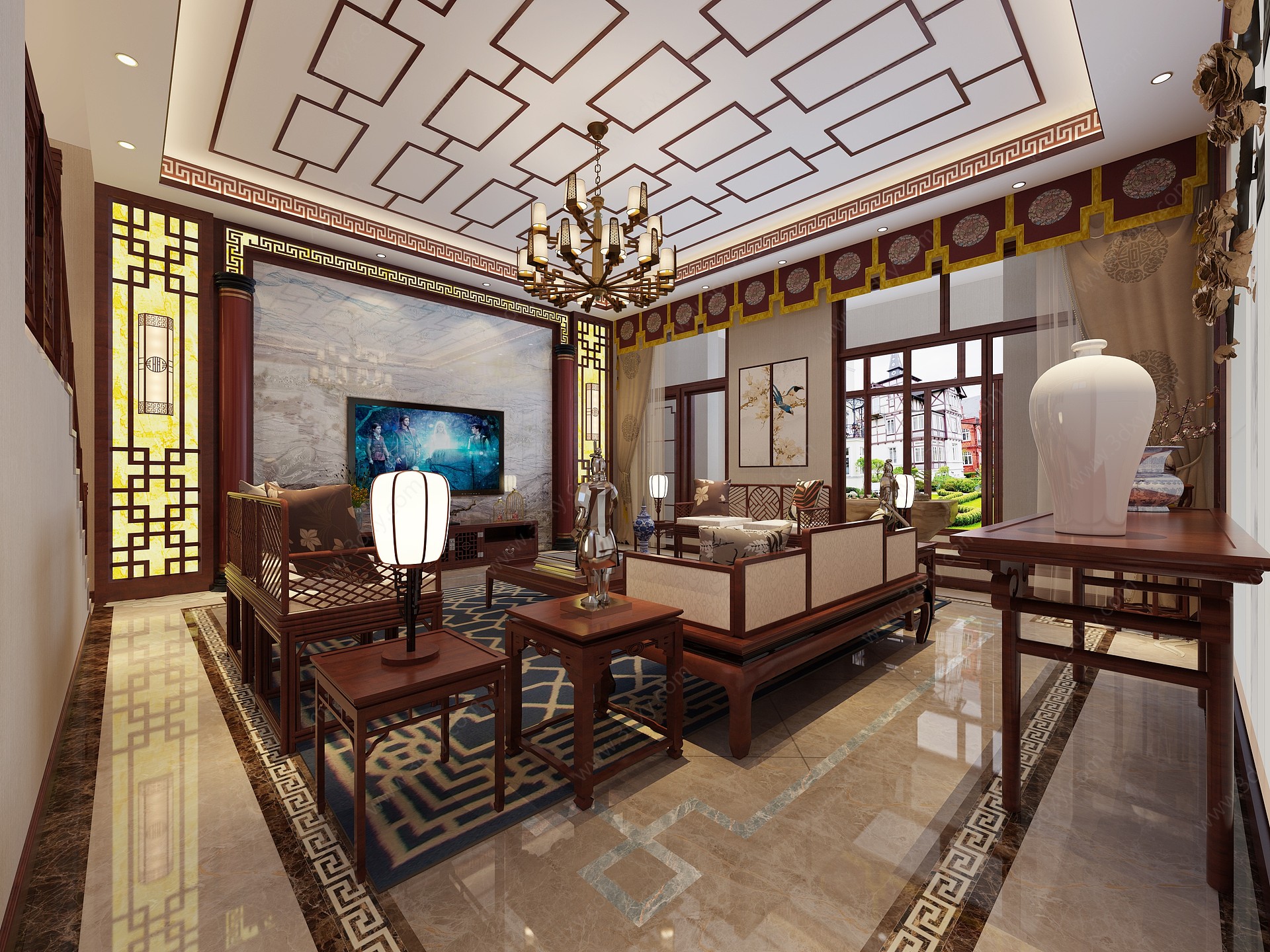 中式红木客厅餐厅3D模型