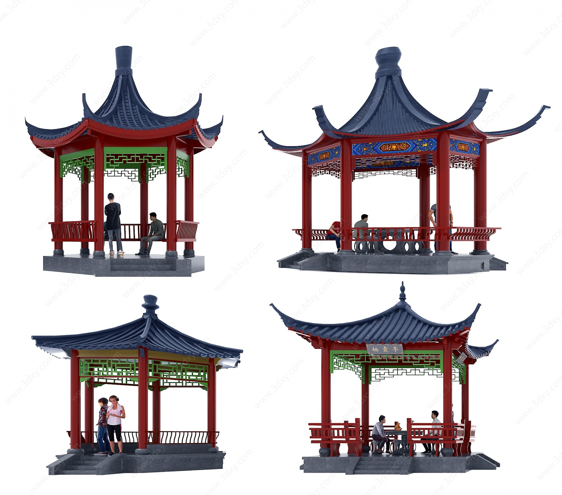中式彩绘古建凉亭人物3D模型