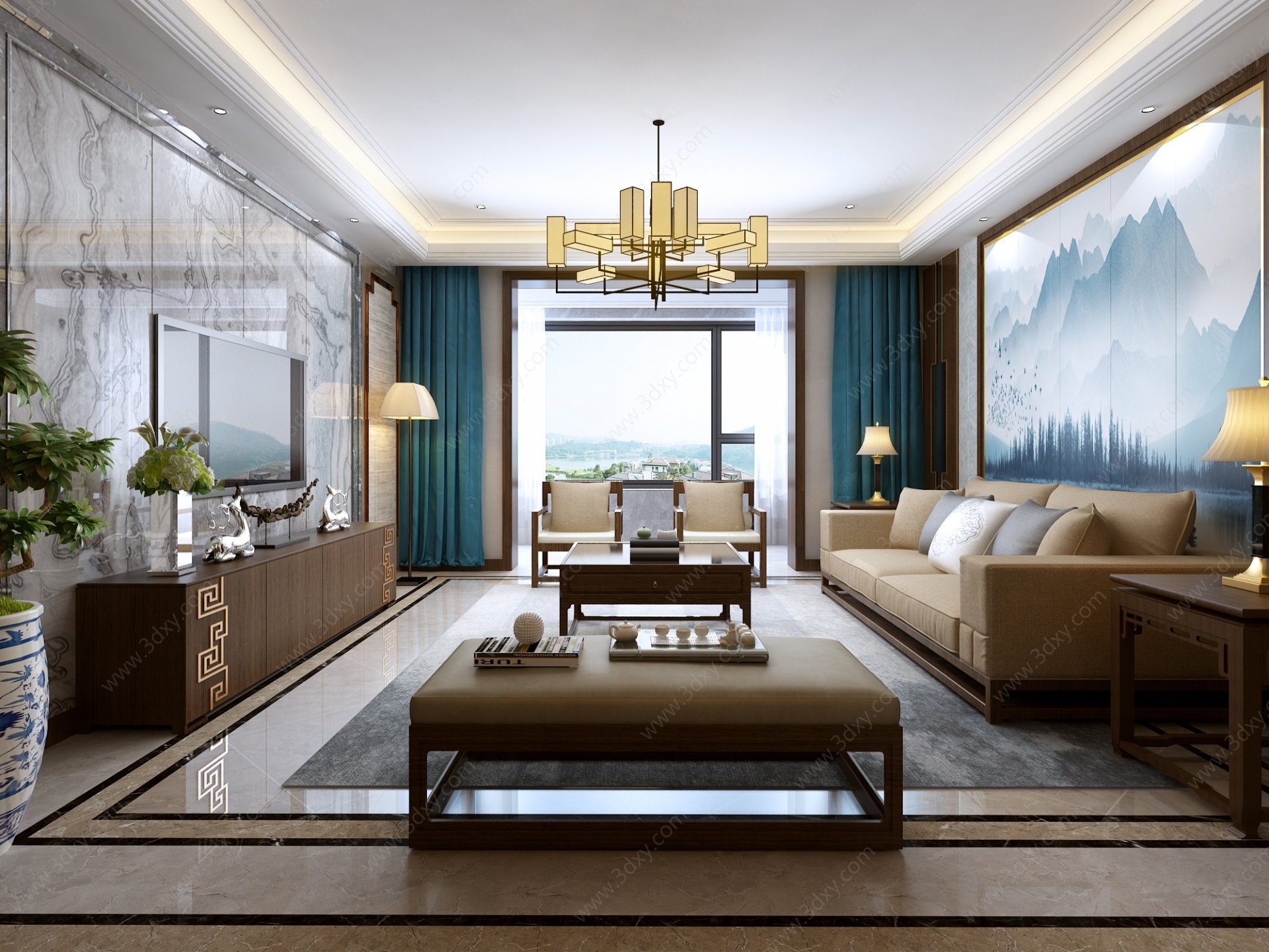 新中式客厅沙发背景墙3D模型