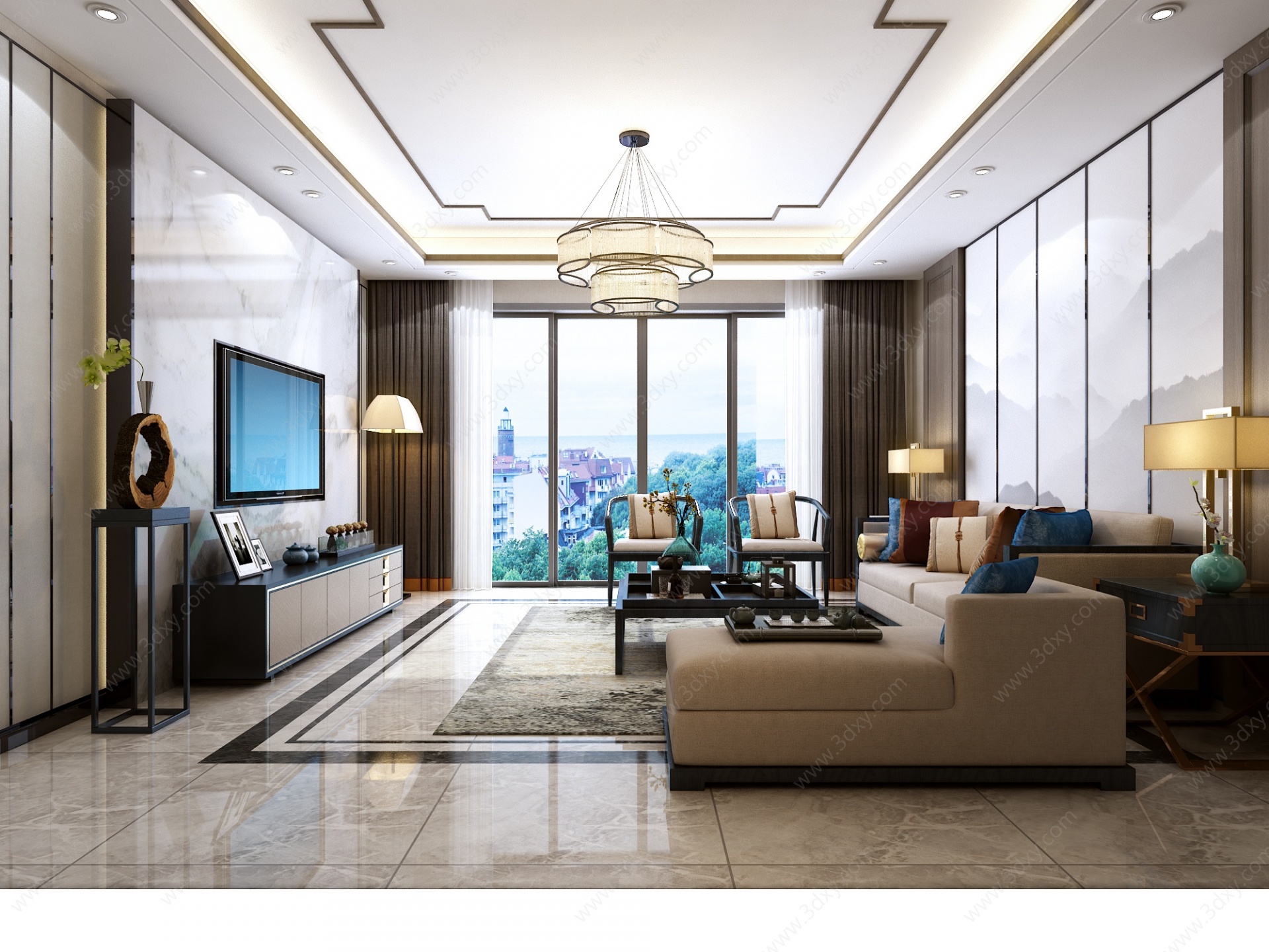 新中式客厅沙发背景3D模型