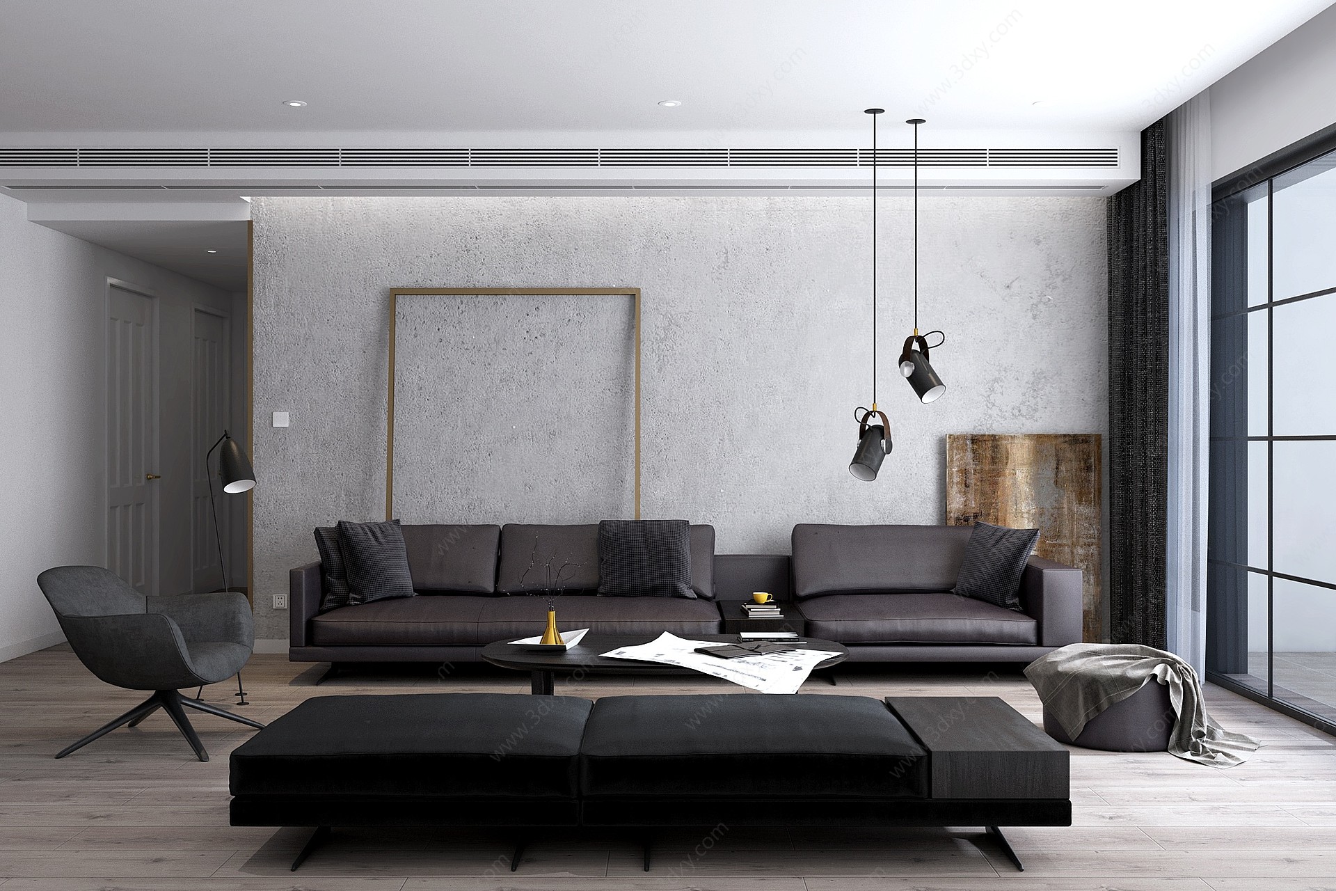 现代客厅沙发茶几挂画组合3D模型