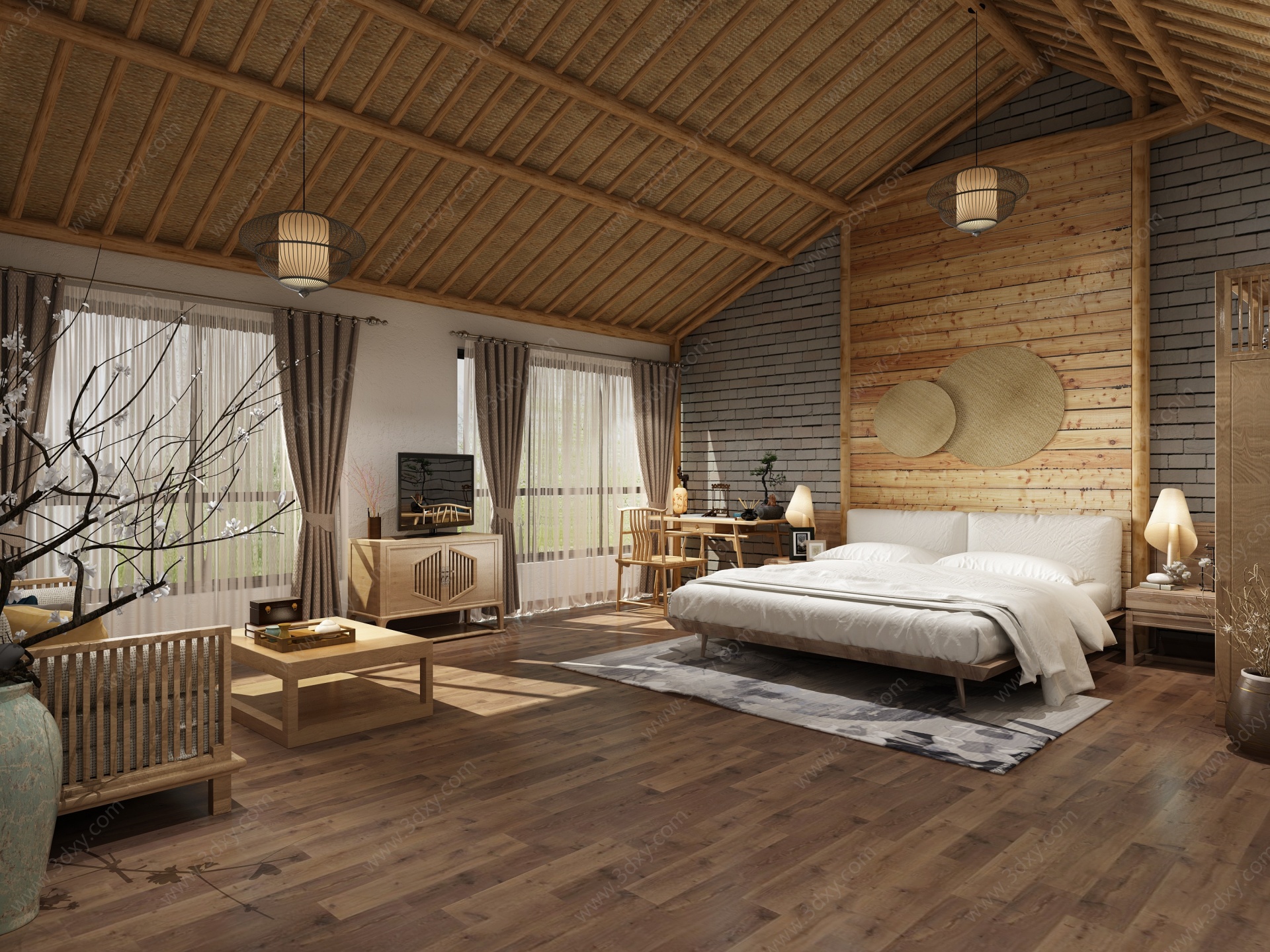 新中式民宿卧室沙发床3D模型