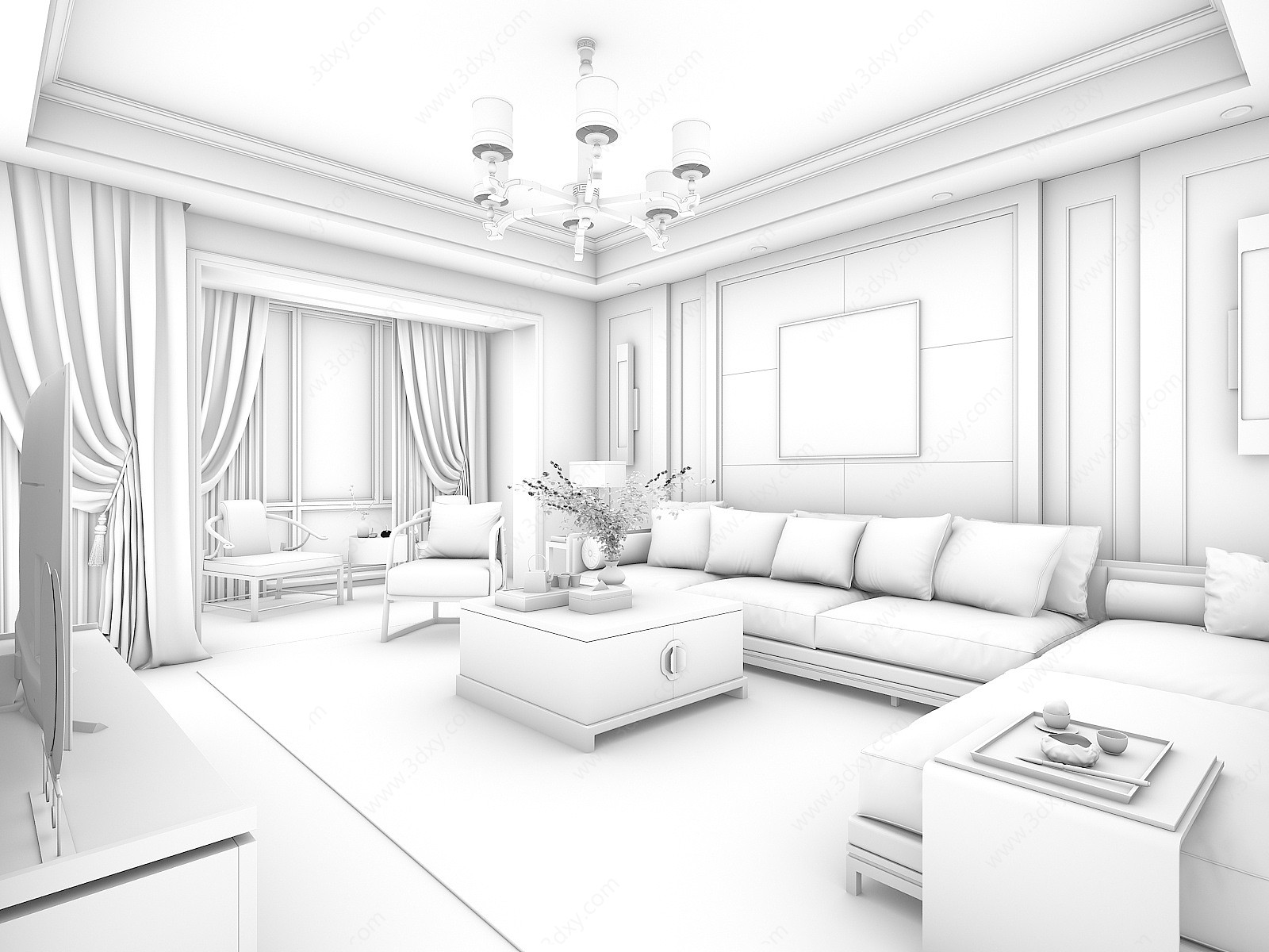 新中式客厅转角沙发3D模型