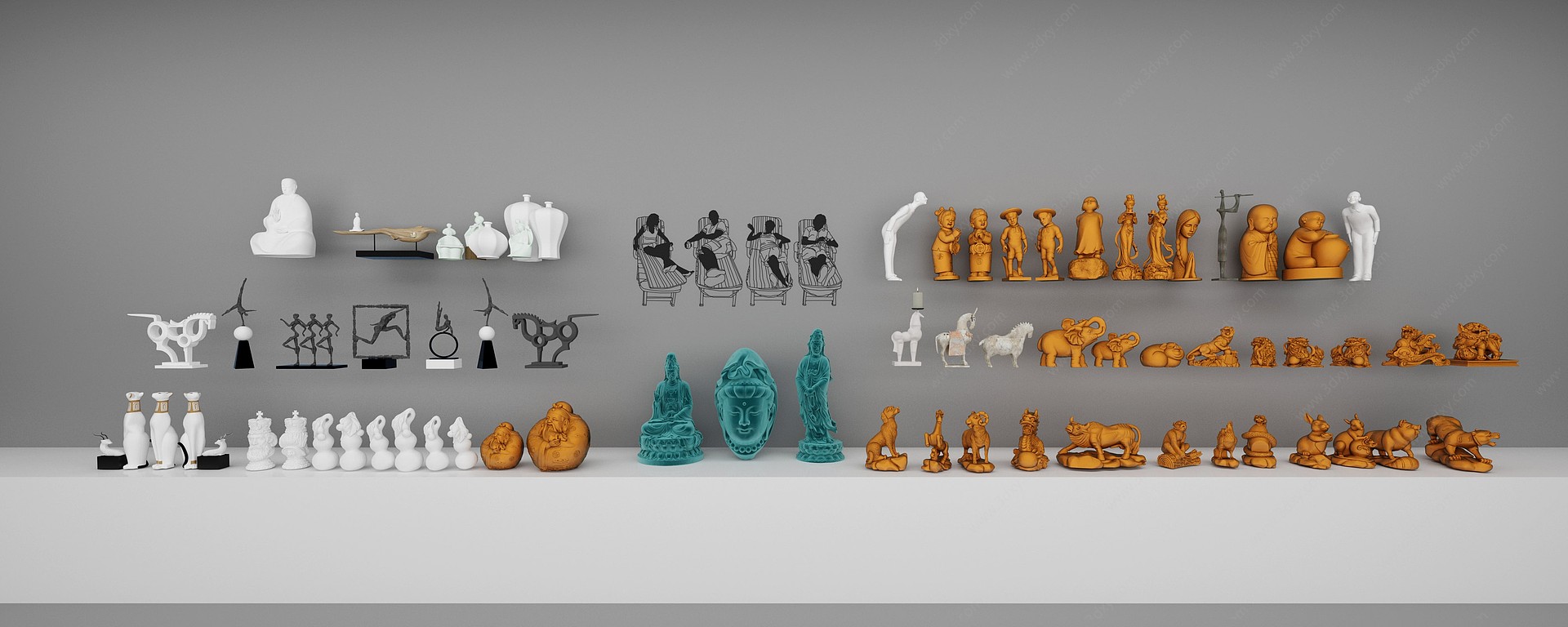 中式人物动物雕塑3D模型