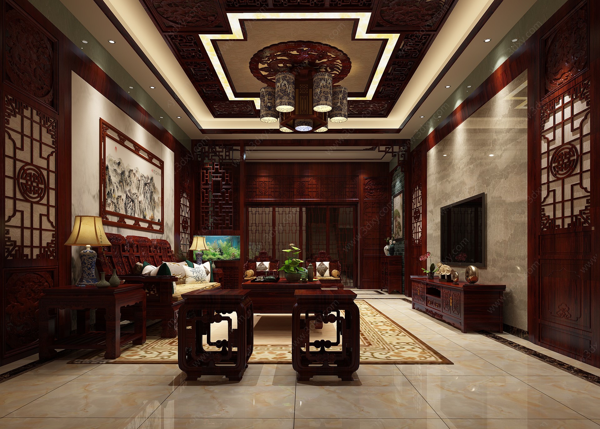 中式别墅客厅红木家具组合3D模型