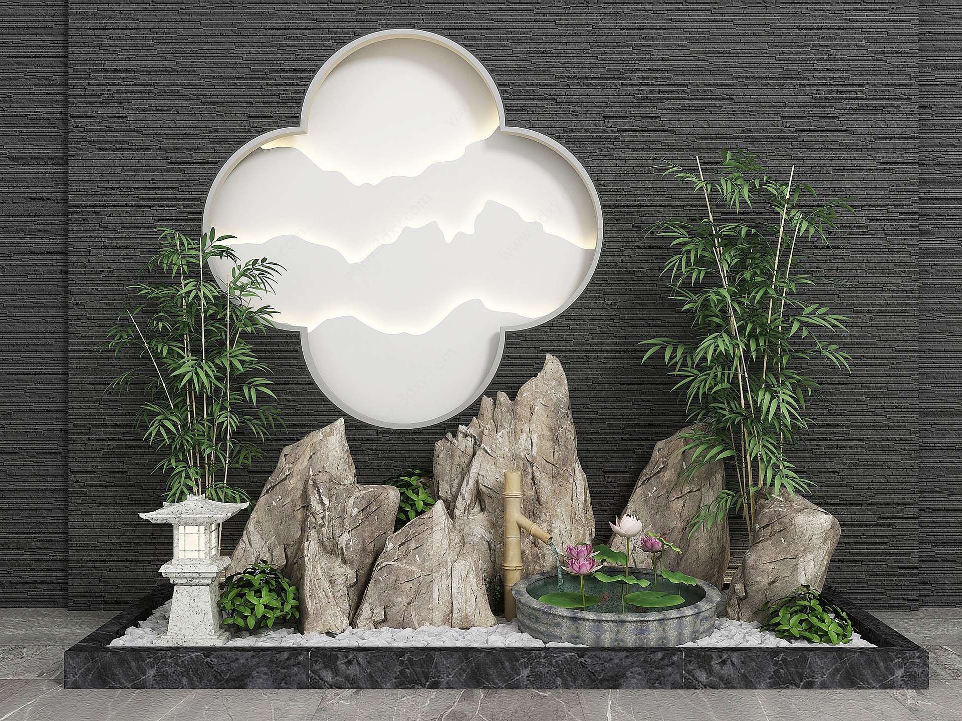 新中式园艺小品假山水景3D模型