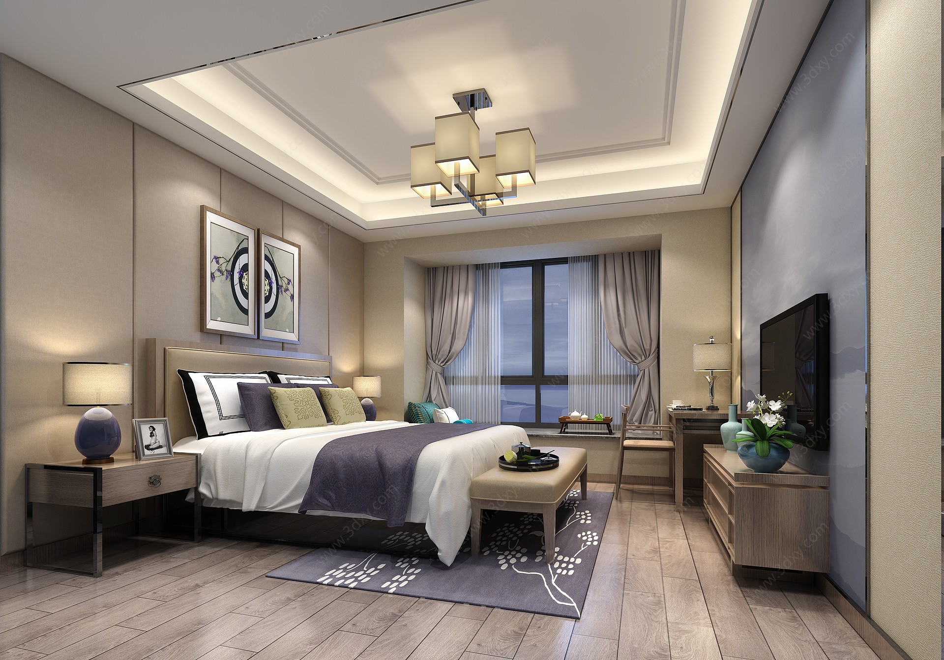 新中式主人房卧室3D模型