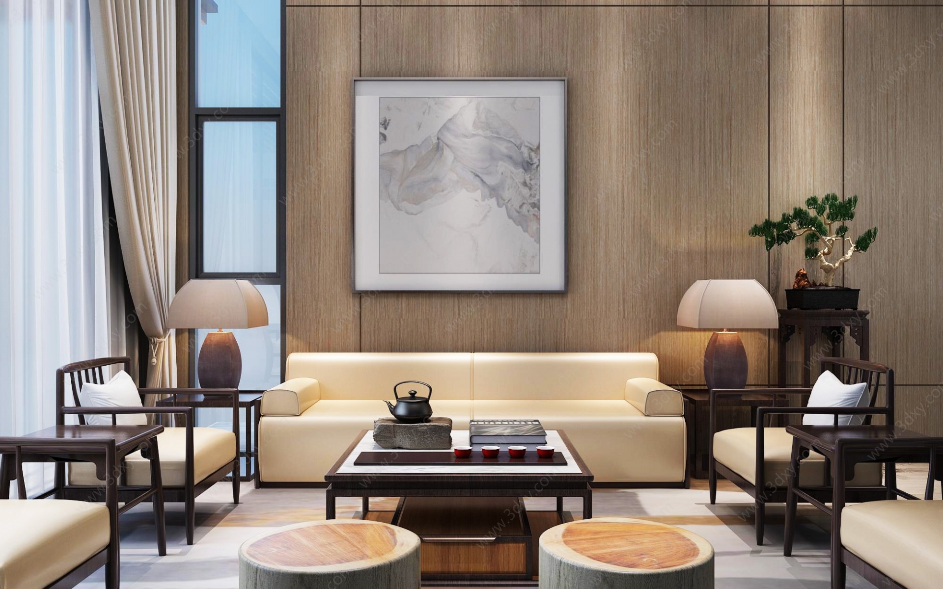 新中式客厅沙发单人椅3D模型
