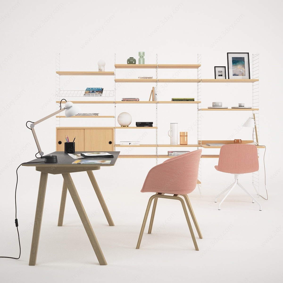 书桌椅子书架组合3D模型
